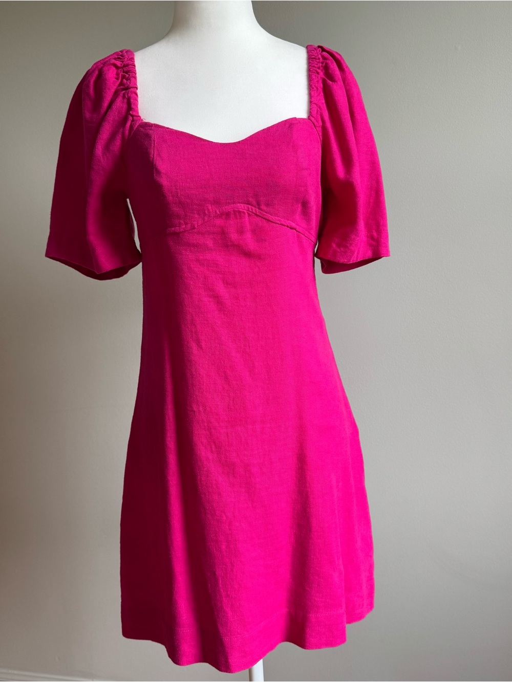 Bright Pink Square-Neck Puff Sleeve Linen Dress